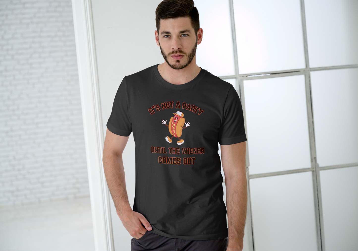 IT'S NOT A PARTY UNTIL THE WIENER COMES OUT, T-SHIRT, UNISEX, COTTON