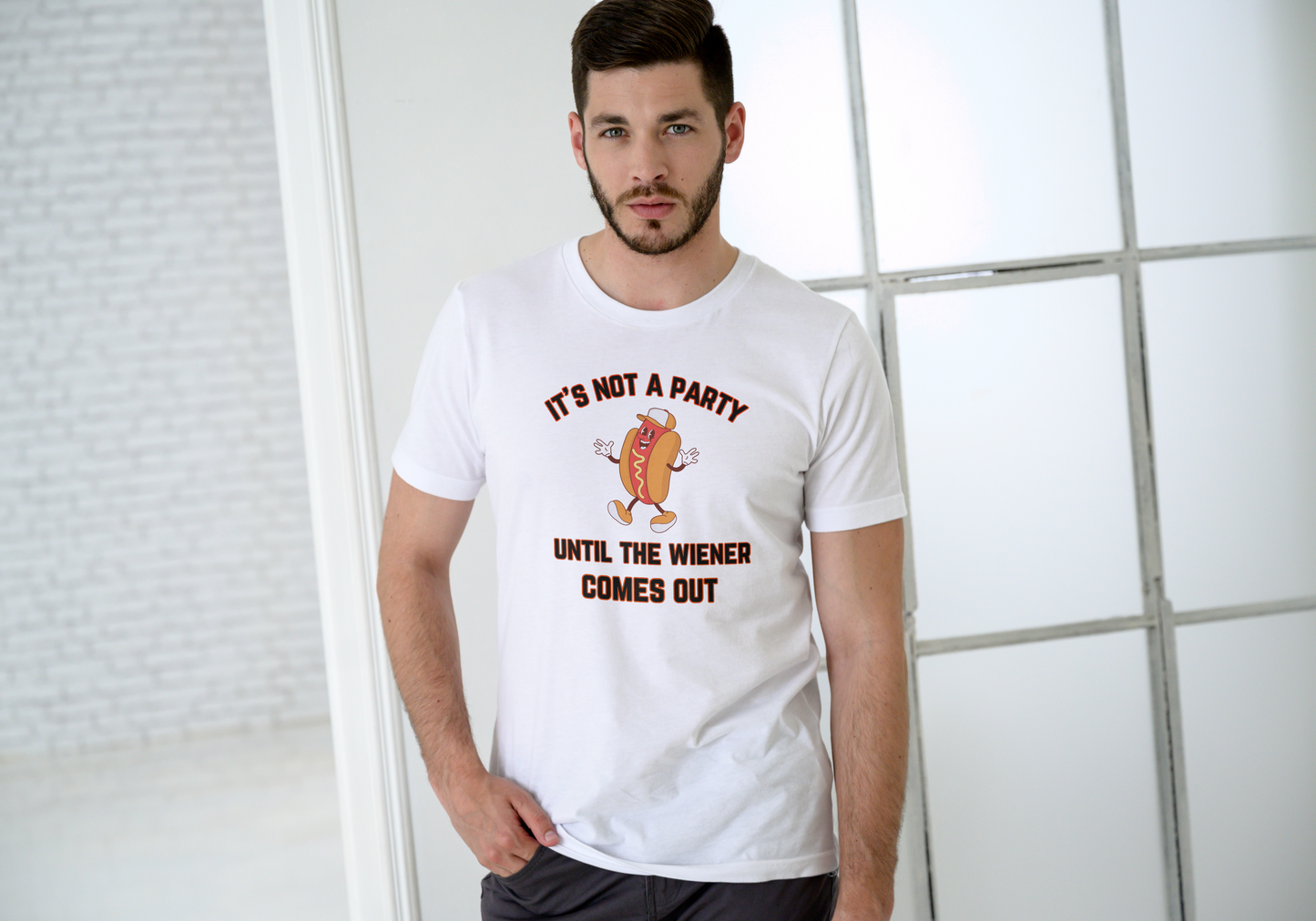 IT'S NOT A PARTY UNTIL THE WIENER COMES OUT, T-SHIRT, UNISEX, COTTON