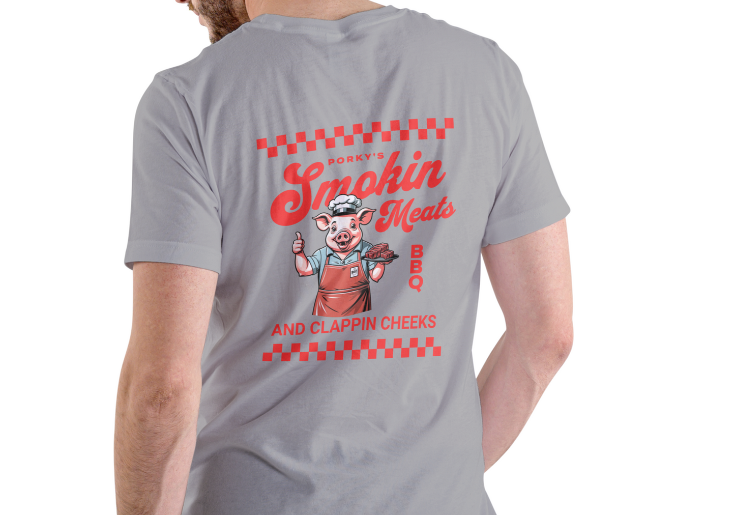 PORKY'S BBQ SMOKIN MEATS AND CLAPPIN CHEEKS, T-SHIRT, UNISEX, COTTON