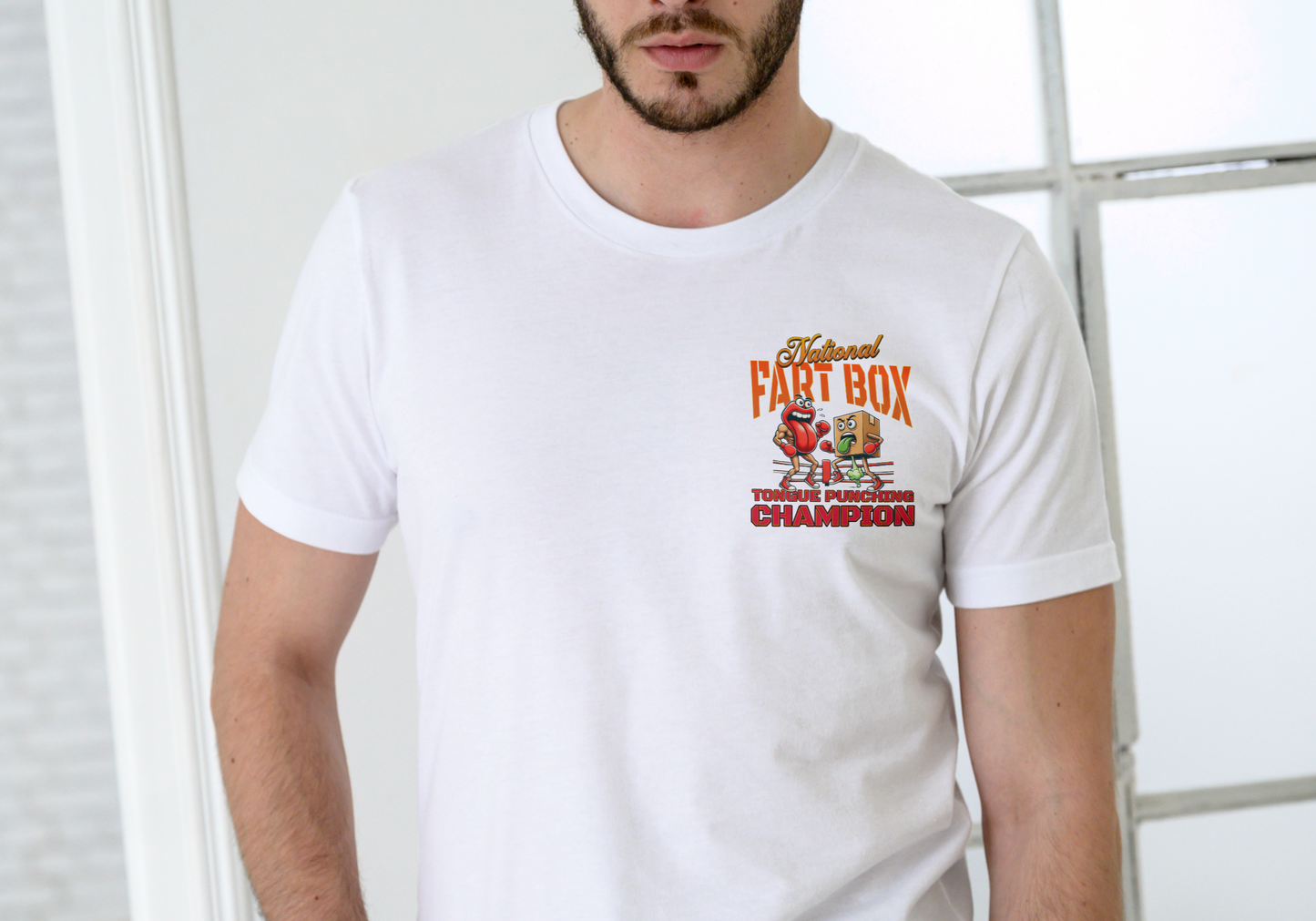 NATIONAL FART BOX TONGUE PUNCHING CHAMPION, T-SHIRT, UNISEX, COTTON