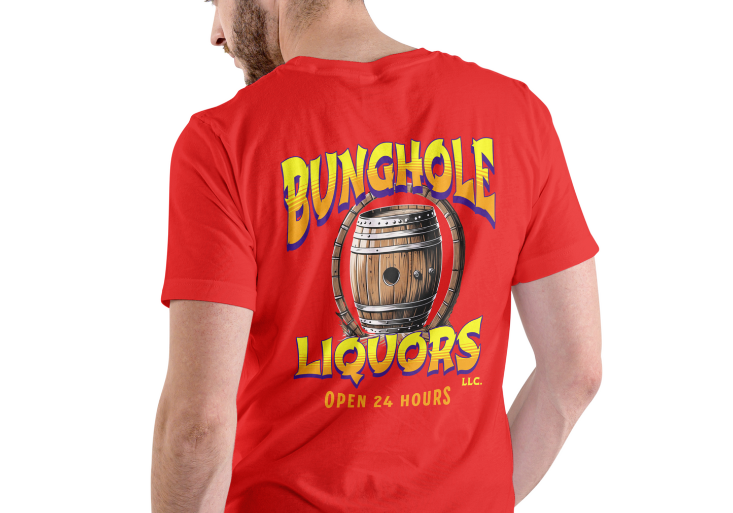BUNGHOLE LIQUORS OPEN 24 HOURS, T-SHIRT, UNISEX, COTTON