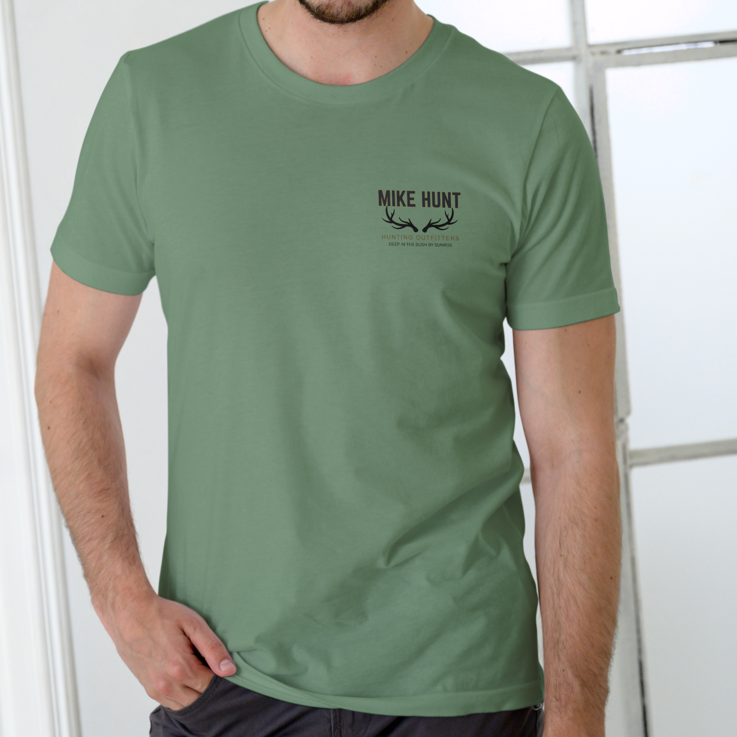 MIKE HUNT HUNTING OUTFITTERS Funny name shirt, Unisex Cotton