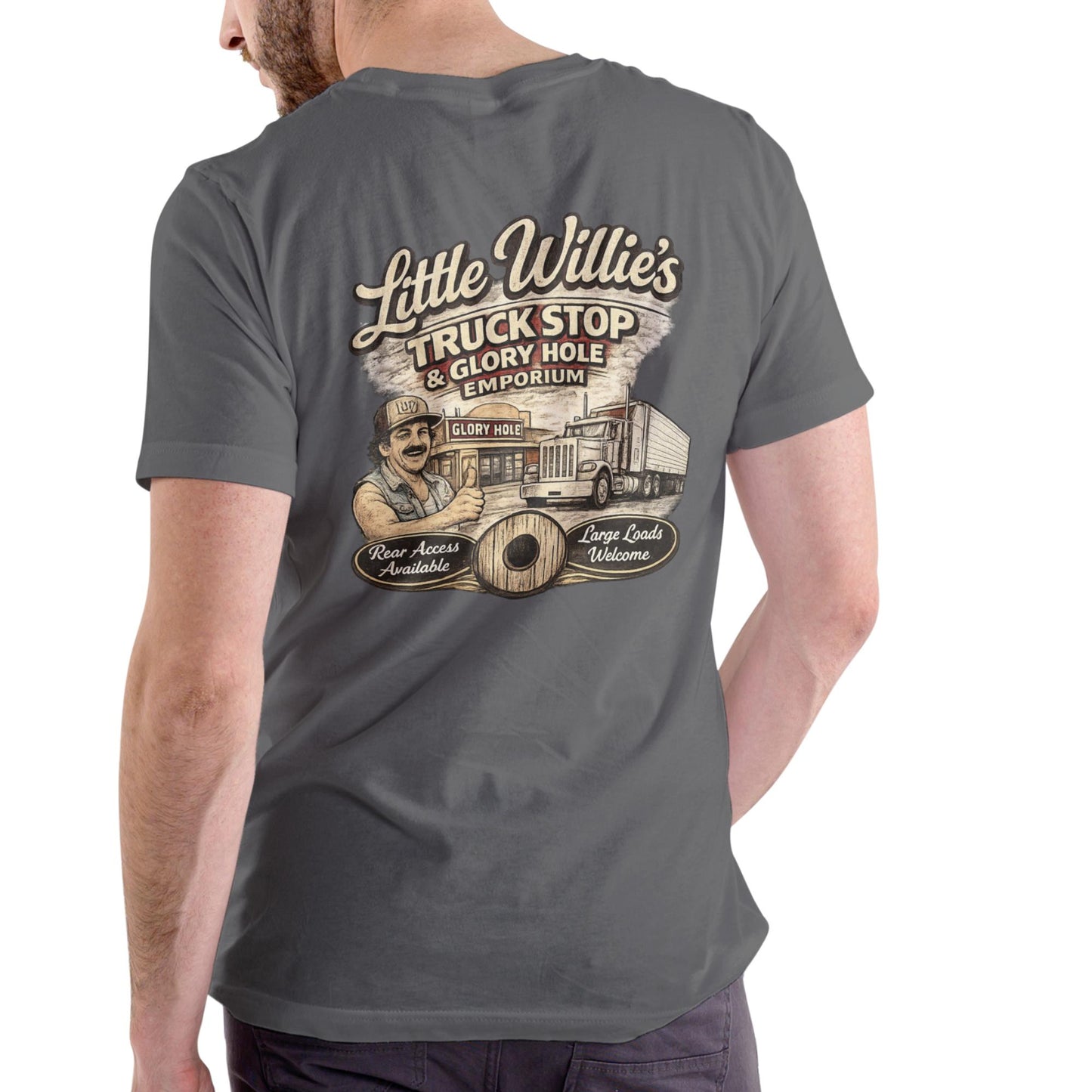 LITTLE WILLIES TRUCK STOP AND GLORY HOLE EMPORIUM Funny T Shirt, Unisex Cotton