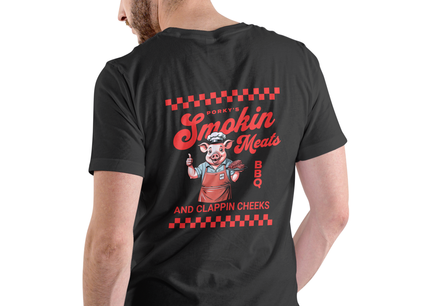 PORKY'S BBQ SMOKIN MEATS AND CLAPPIN CHEEKS, T-SHIRT, UNISEX, COTTON