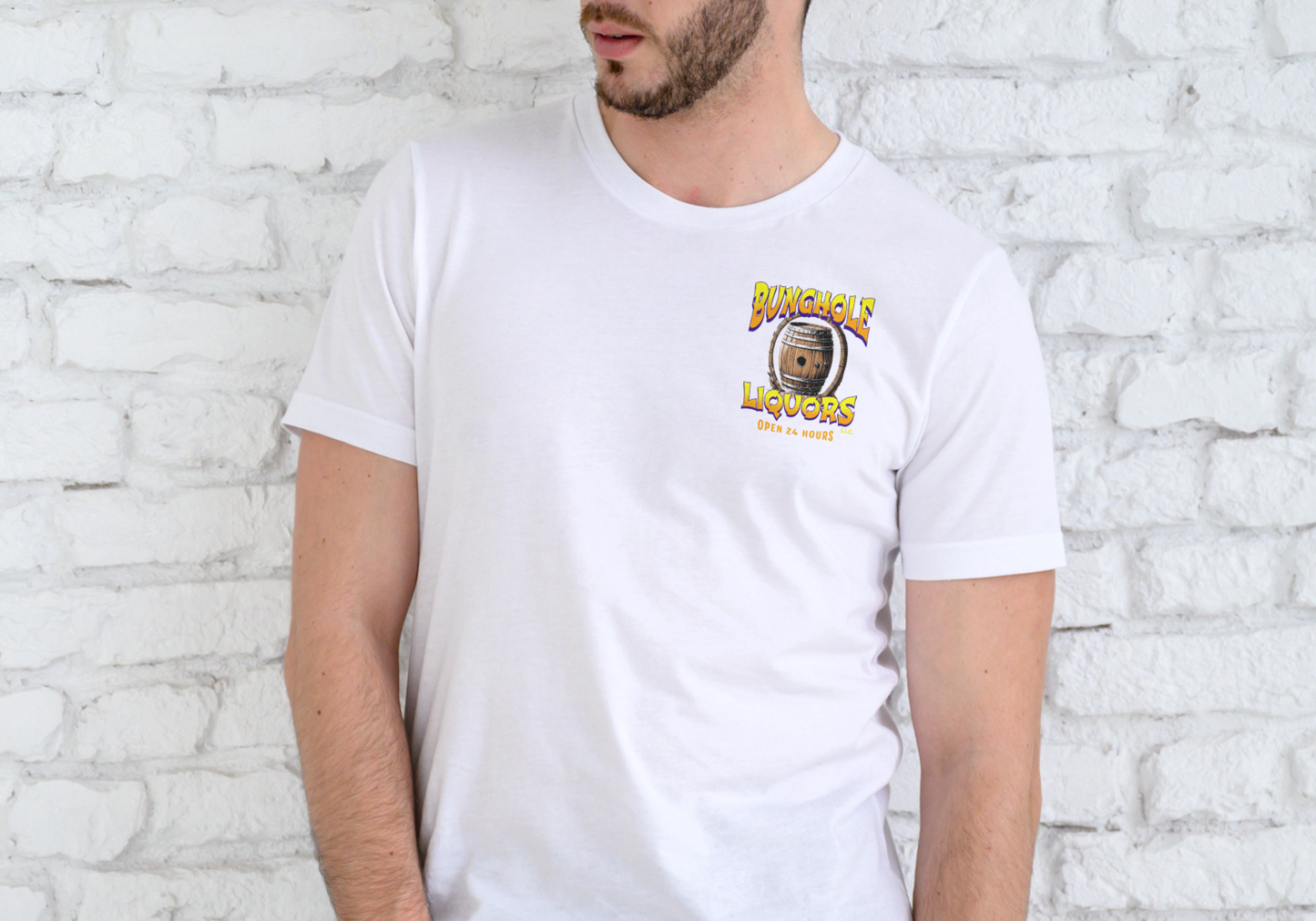 BUNGHOLE LIQUORS OPEN 24 HOURS, T-SHIRT, UNISEX, COTTON
