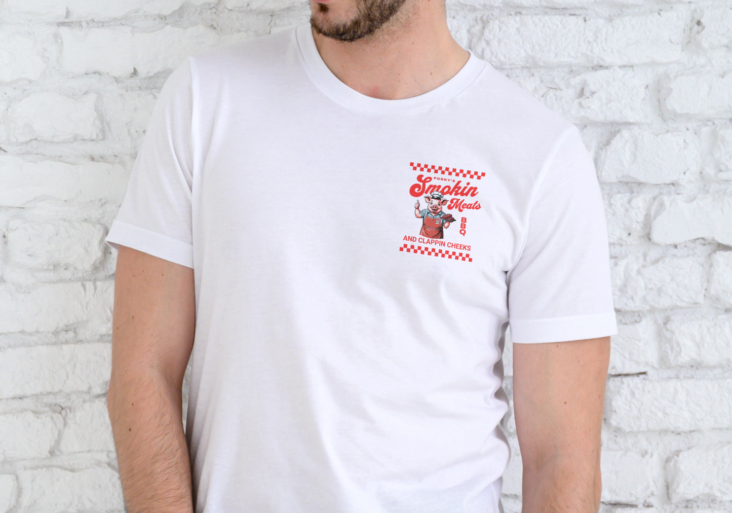 PORKY'S BBQ SMOKIN MEATS AND CLAPPIN CHEEKS, T-SHIRT, UNISEX, COTTON