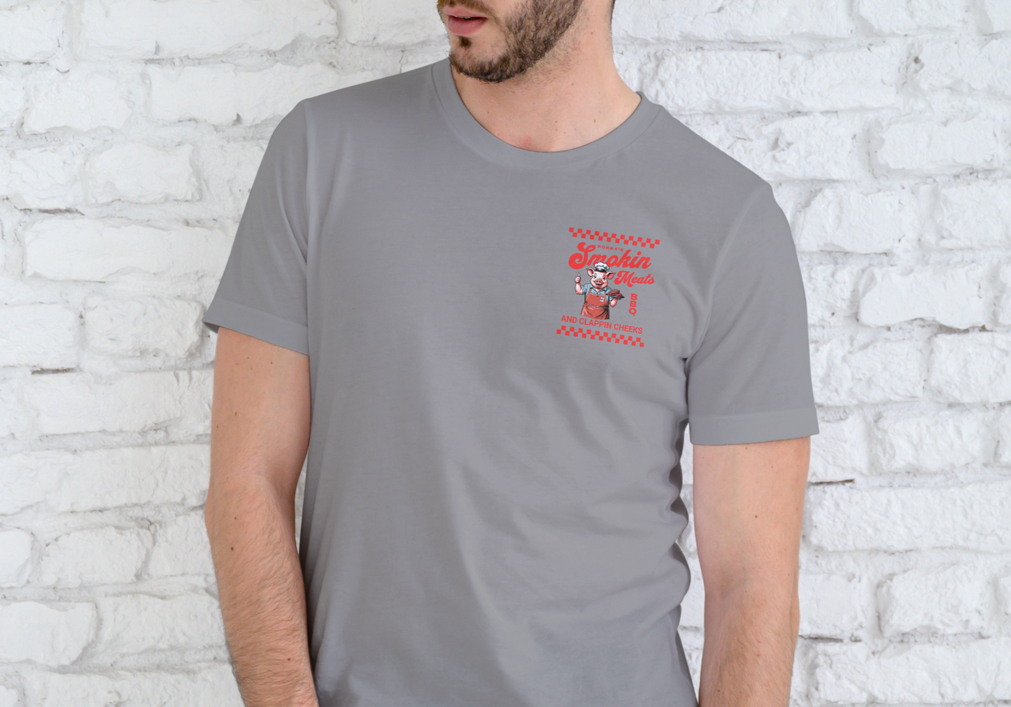 PORKY'S BBQ SMOKIN MEATS AND CLAPPIN CHEEKS, T-SHIRT, UNISEX, COTTON