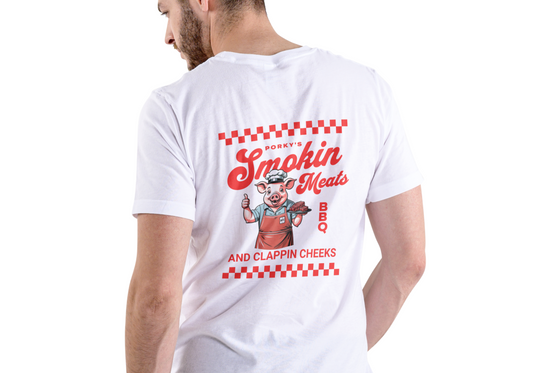 PORKY'S BBQ SMOKIN MEATS AND CLAPPIN CHEEKS, T-SHIRT, UNISEX, COTTON