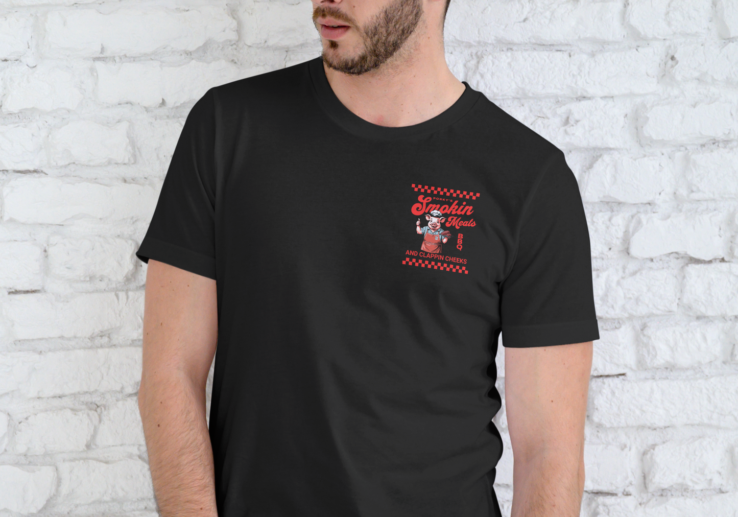 PORKY'S BBQ SMOKIN MEATS AND CLAPPIN CHEEKS, T-SHIRT, UNISEX, COTTON