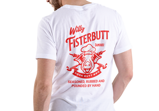 WILLY FISTERBUTT PORK BUTT BBQ, T-SHIRT, UNISEX, COTTON