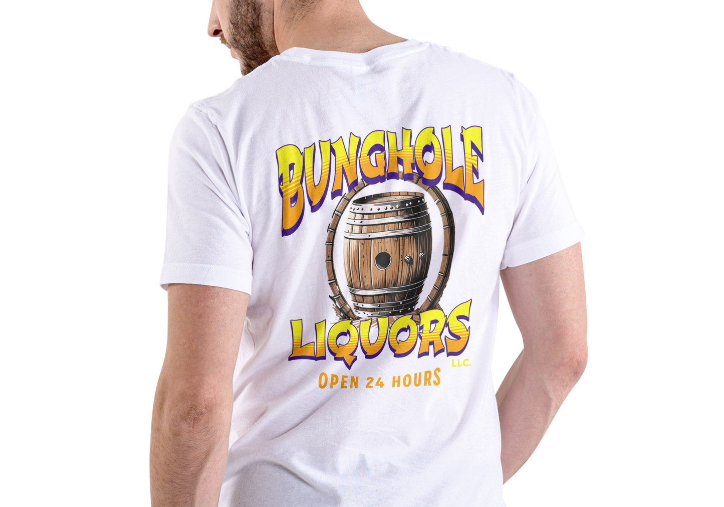BUNGHOLE LIQUORS OPEN 24 HOURS, T-SHIRT, UNISEX, COTTON