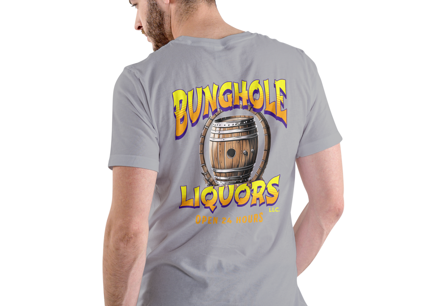BUNGHOLE LIQUORS OPEN 24 HOURS, T-SHIRT, UNISEX, COTTON