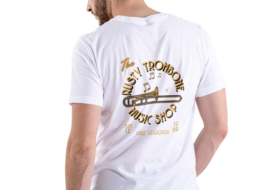 THE RUSTY TROMBONE MUSIC SHOP, T-SHIRT, UNISEX, COTTON