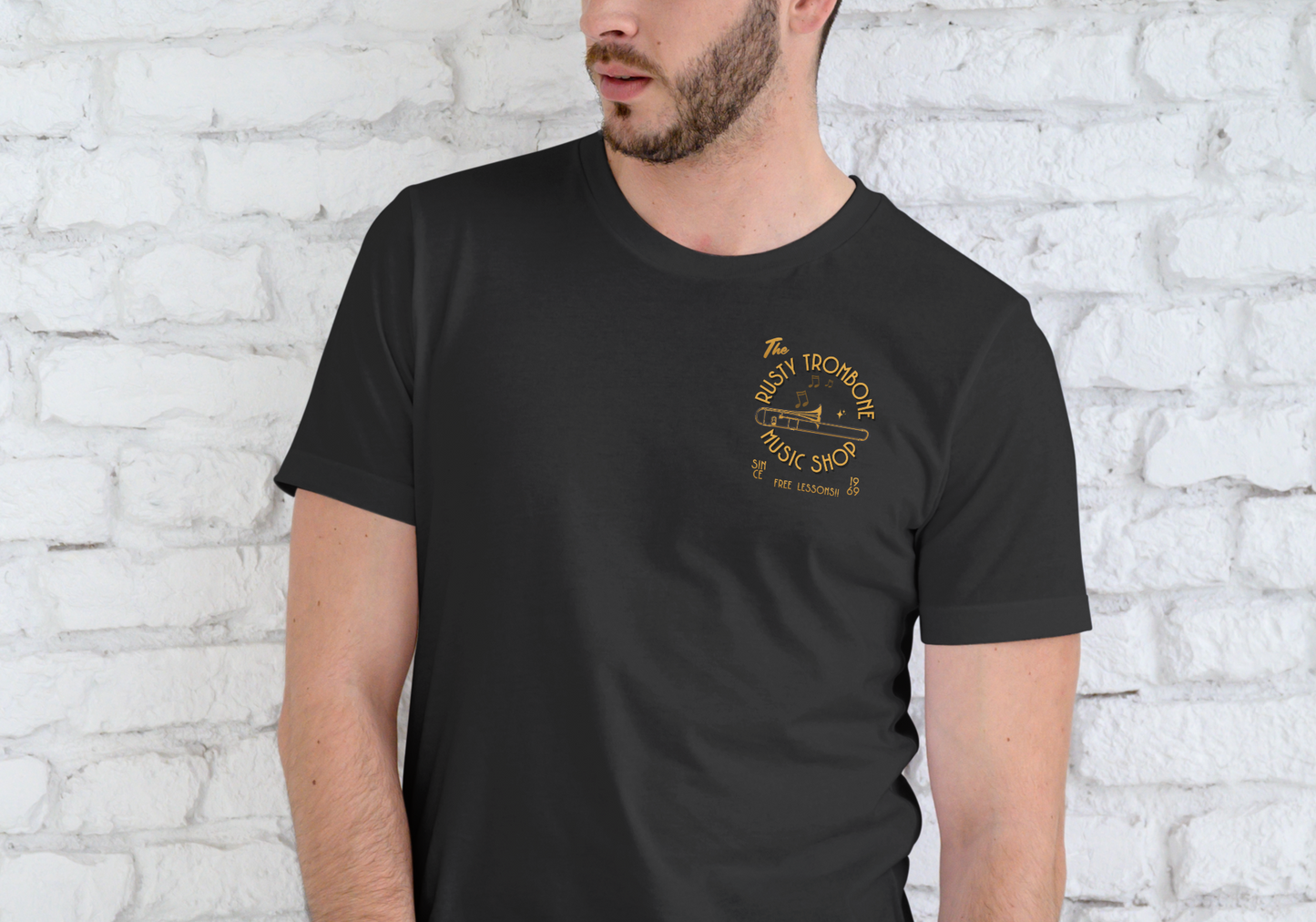 THE RUSTY TROMBONE MUSIC SHOP, T-SHIRT, UNISEX, COTTON