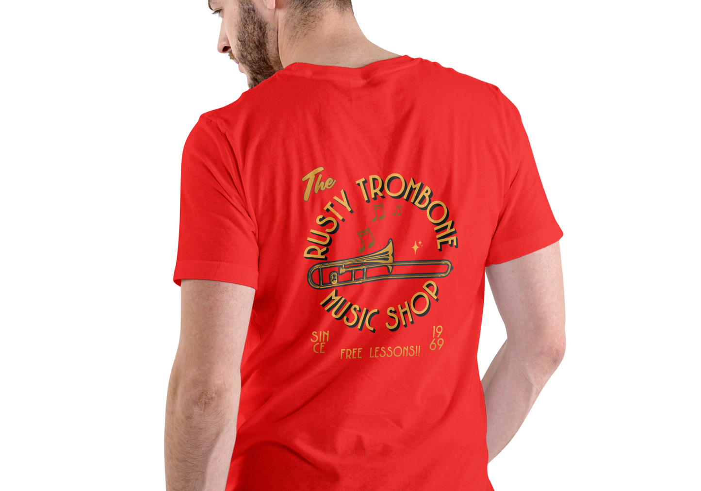 THE RUSTY TROMBONE MUSIC SHOP, T-SHIRT, UNISEX, COTTON