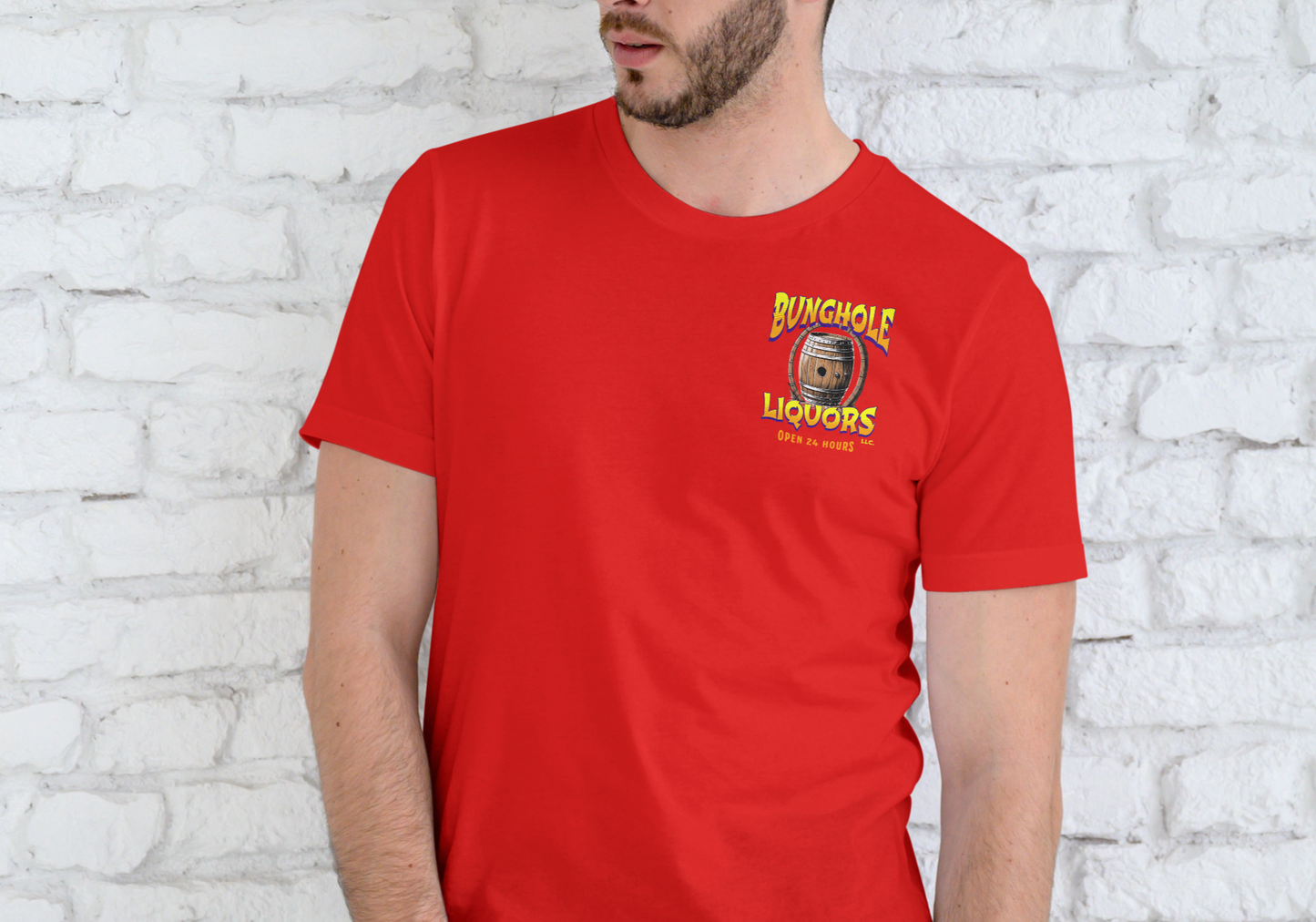 BUNGHOLE LIQUORS OPEN 24 HOURS, T-SHIRT, UNISEX, COTTON