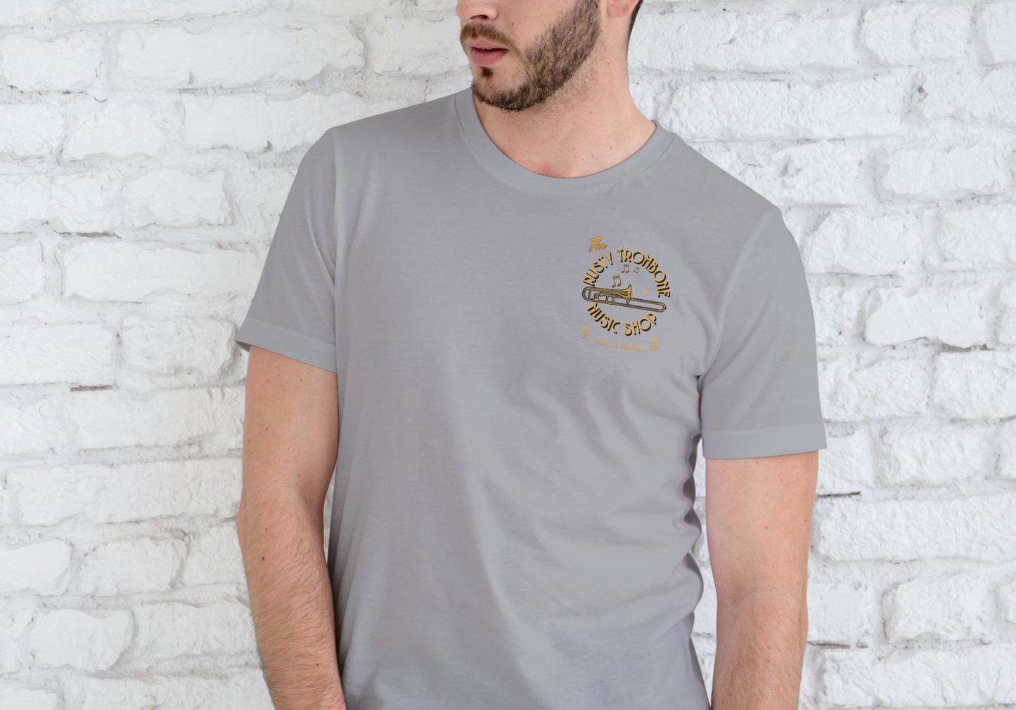 THE RUSTY TROMBONE MUSIC SHOP, T-SHIRT, UNISEX, COTTON