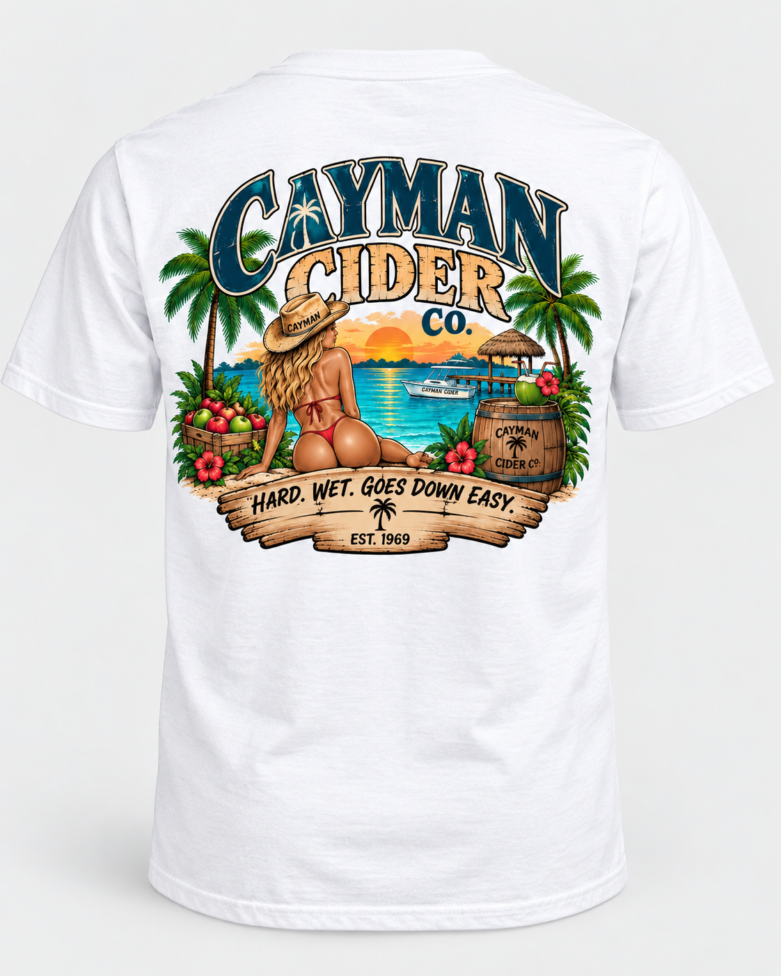 Cayman Cider Co. Funny Tropical T-Shirt – Hard. Wet. Goes Down Easy