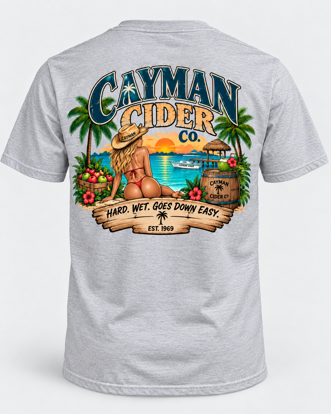 Cayman Cider Co. Funny Tropical T-Shirt – Hard. Wet. Goes Down Easy