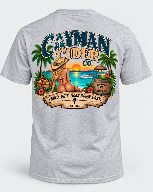 Cayman Cider Co. Funny Tropical T-Shirt – Hard. Wet. Goes Down Easy