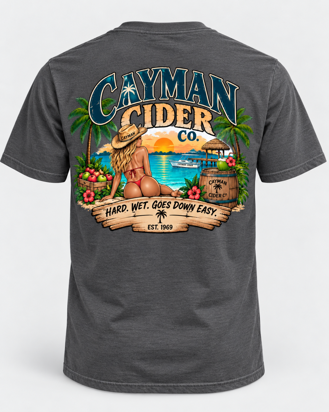 Cayman Cider Co. Funny Tropical T-Shirt – Hard. Wet. Goes Down Easy
