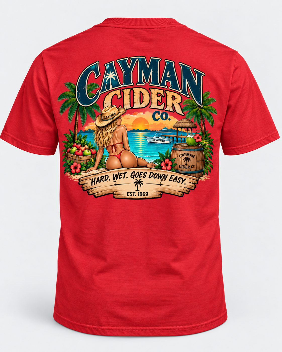 Cayman Cider Co. Funny Tropical T-Shirt – Hard. Wet. Goes Down Easy