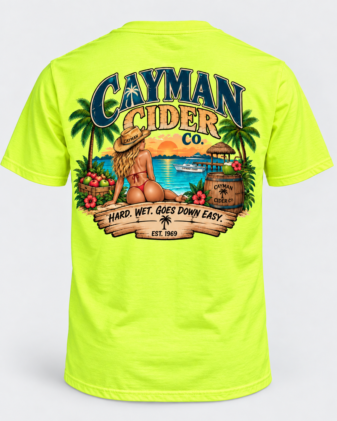 Cayman Cider Co. Funny Tropical T-Shirt – Hard. Wet. Goes Down Easy