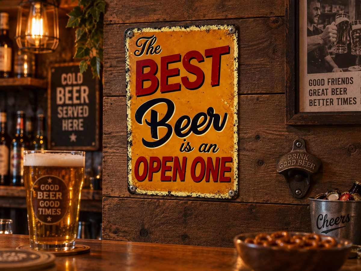THE BEST BEER IS AN OPEN ONE Funny Sign 8x12” Aluminum