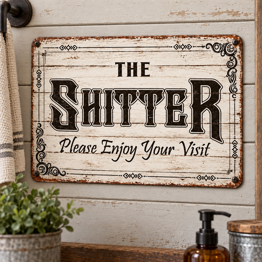 THE SHITTER, please enjoy your visit 8x12” aluminum sign