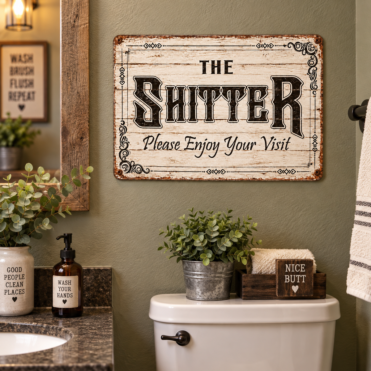 THE SHITTER, please enjoy your visit 8x12” aluminum sign