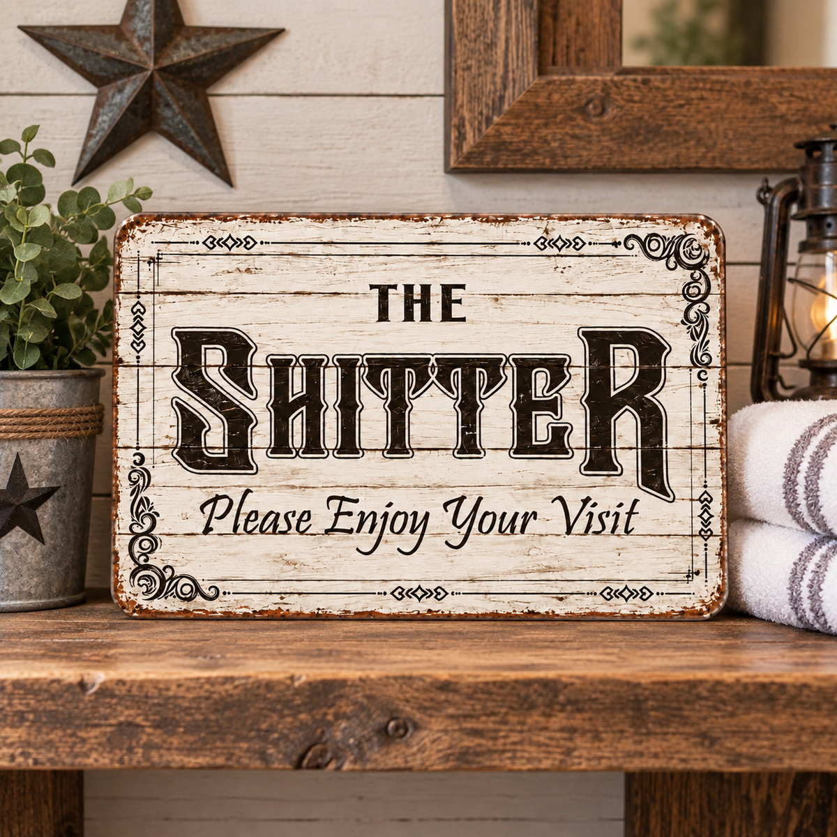 THE SHITTER, please enjoy your visit 8x12” aluminum sign