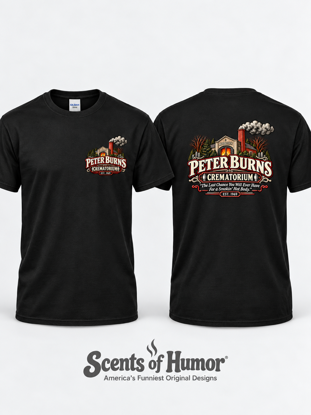 PETER BURNS CREMATORIUM Funny Halloween themed T Shirt, Unisex Cotton