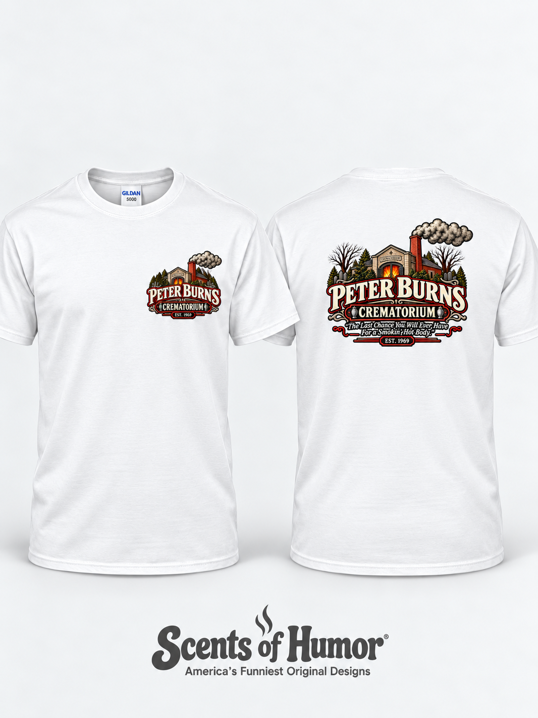 PETER BURNS CREMATORIUM Funny Halloween themed T Shirt, Unisex Cotton