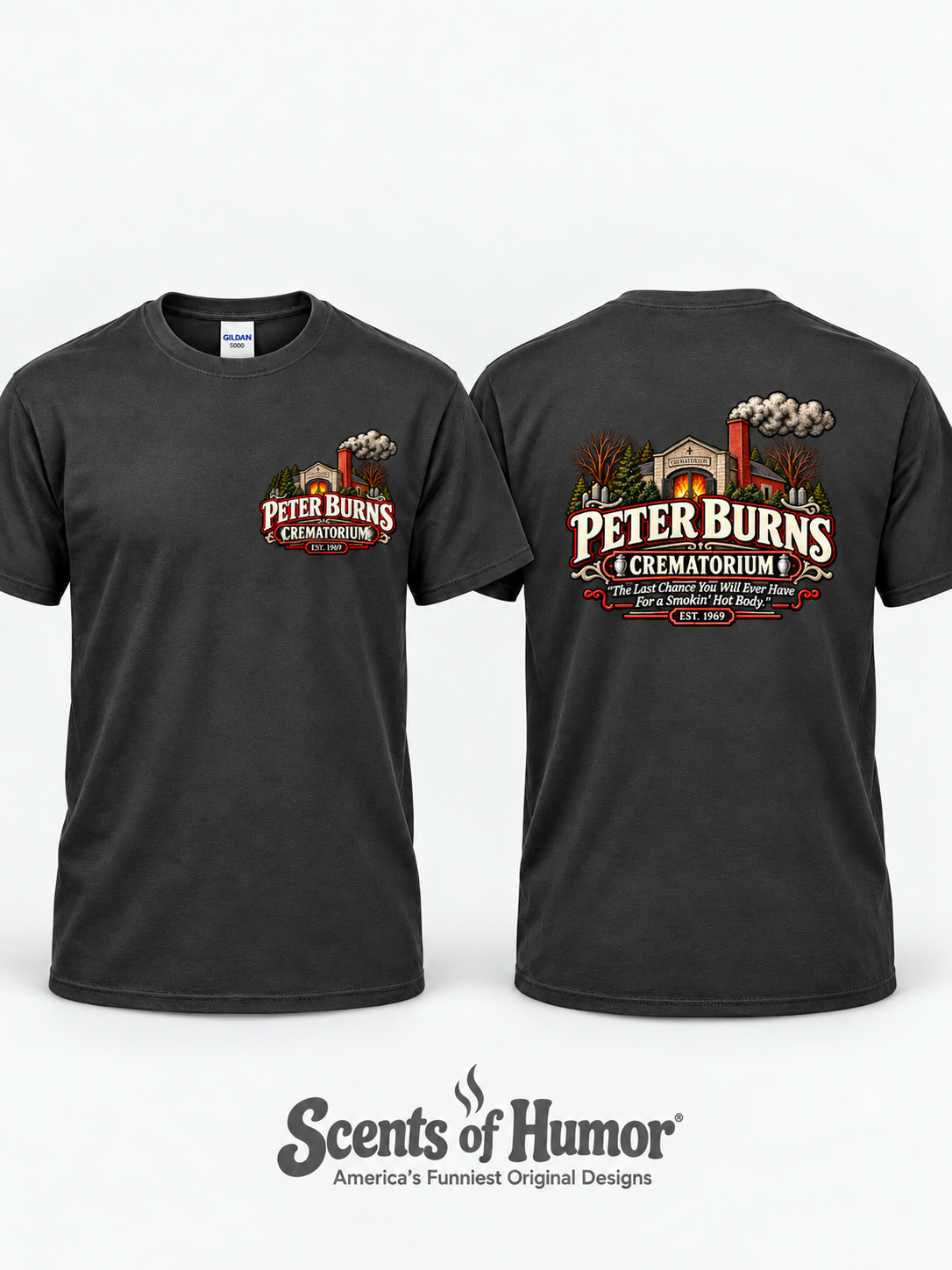 PETER BURNS CREMATORIUM Funny Halloween themed T Shirt, Unisex Cotton