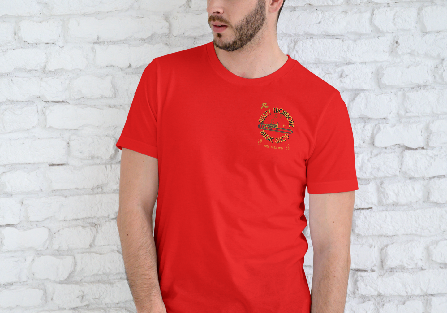 THE RUSTY TROMBONE MUSIC SHOP, T-SHIRT, UNISEX, COTTON