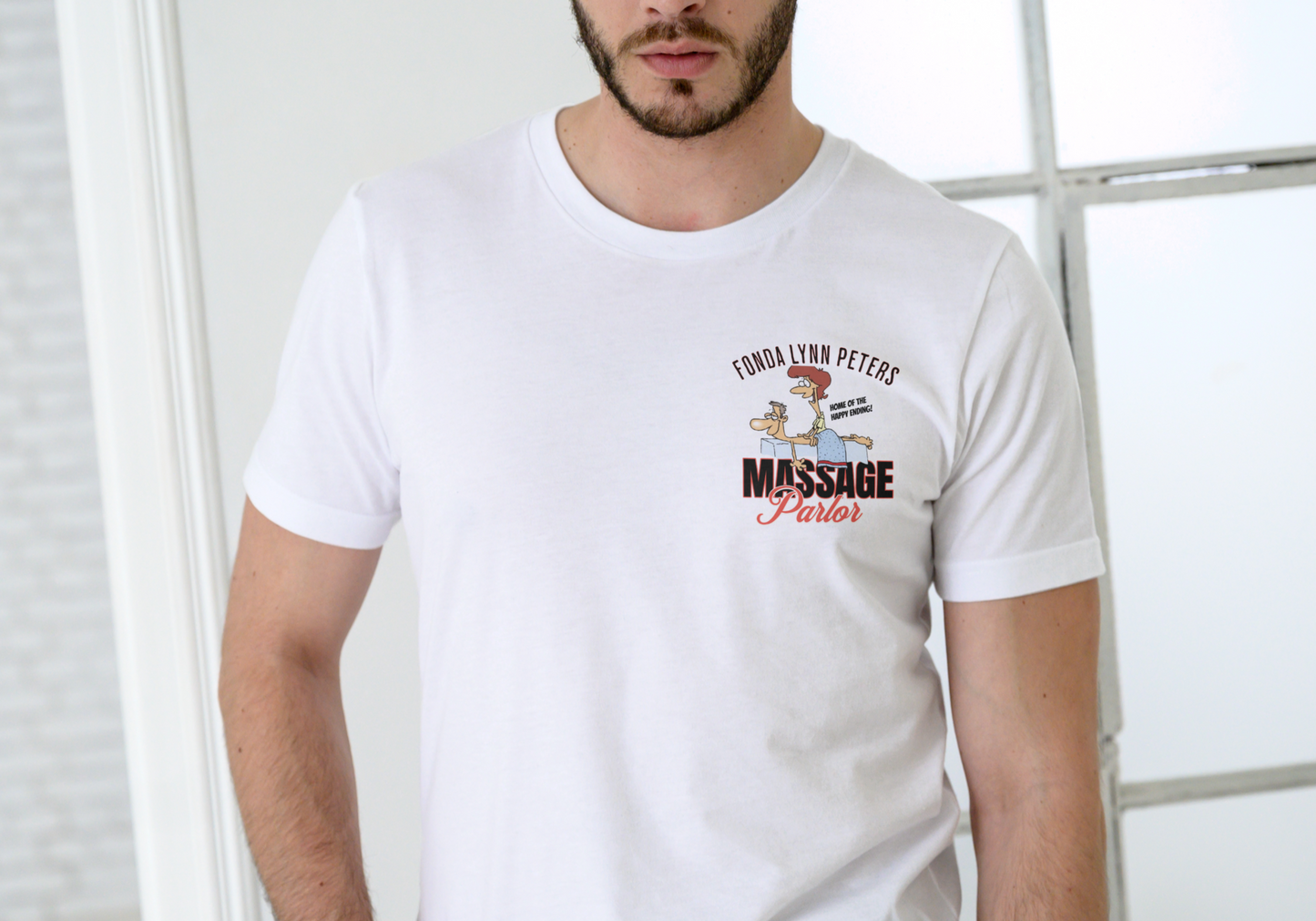 FONDA LYNN PETERS MASSAGE PARLOR, T-SHIRT, UNISEX, COTTON