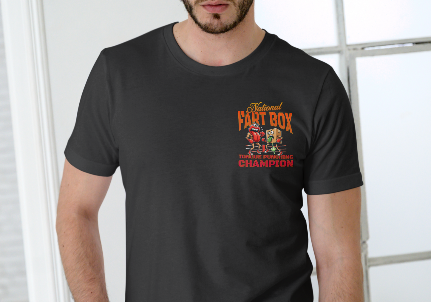 NATIONAL FART BOX TONGUE PUNCHING CHAMPION, T-SHIRT, UNISEX, COTTON