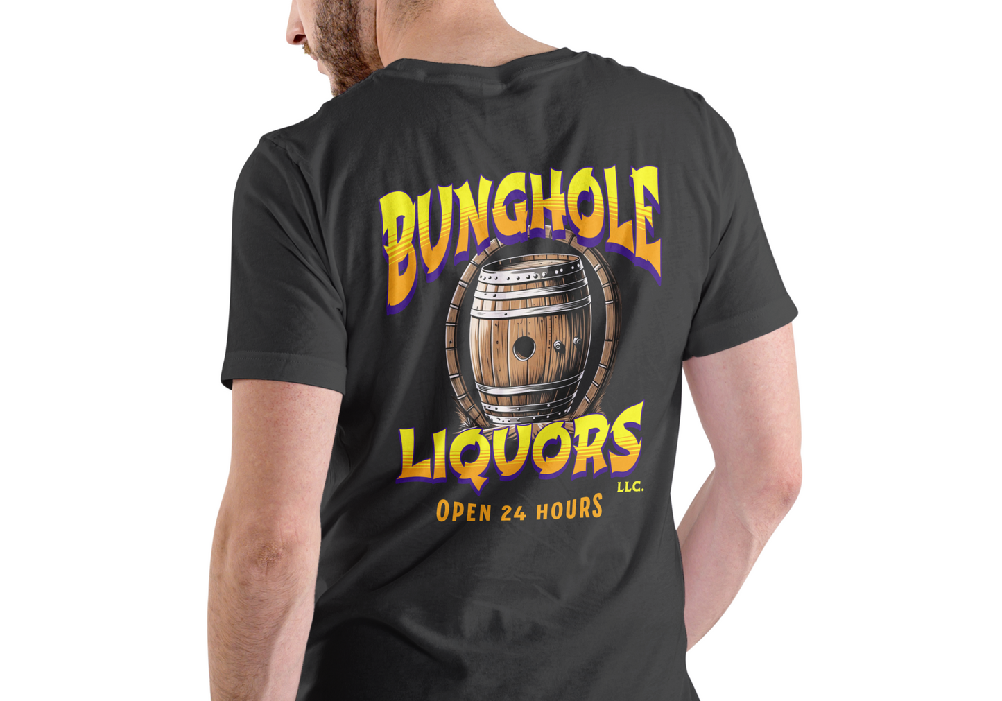 BUNGHOLE LIQUORS OPEN 24 HOURS, T-SHIRT, UNISEX, COTTON