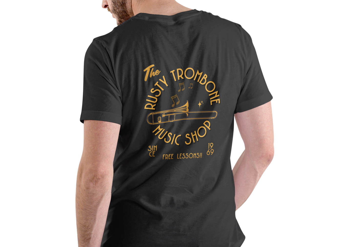 THE RUSTY TROMBONE MUSIC SHOP, T-SHIRT, UNISEX, COTTON