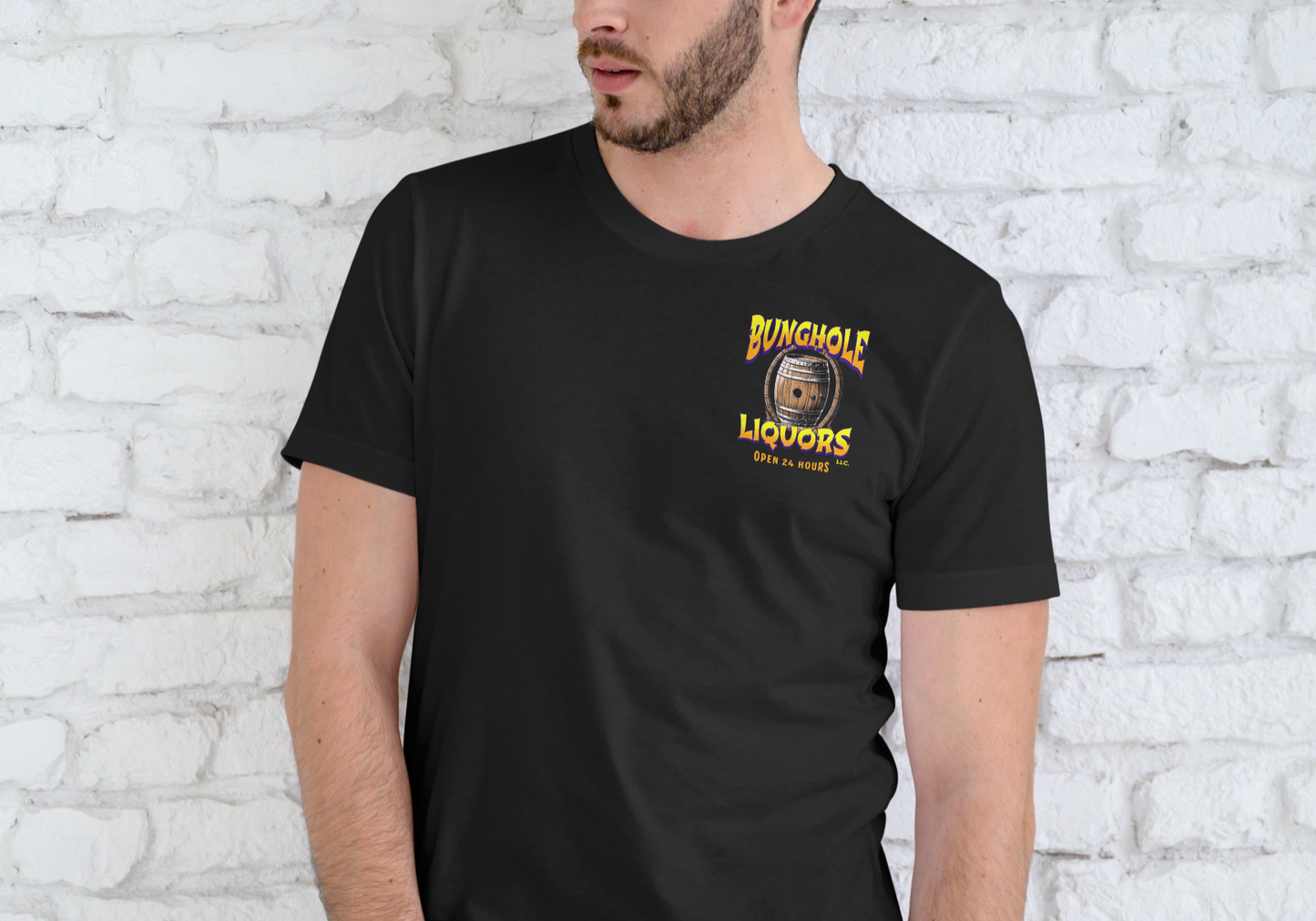 BUNGHOLE LIQUORS OPEN 24 HOURS, T-SHIRT, UNISEX, COTTON
