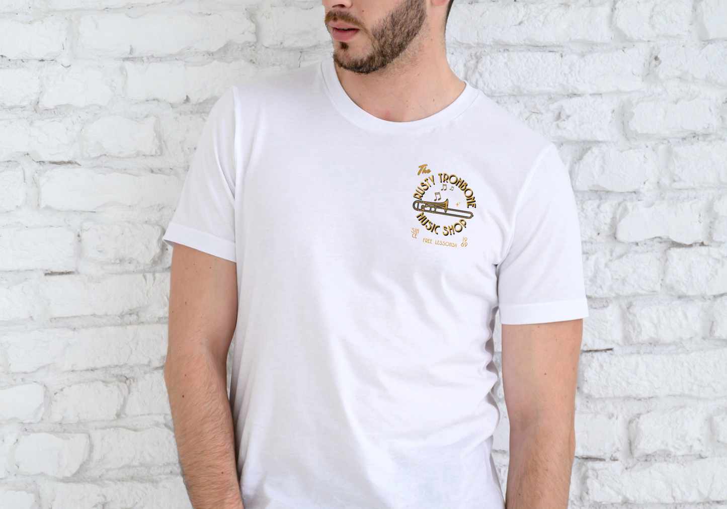 THE RUSTY TROMBONE MUSIC SHOP, T-SHIRT, UNISEX, COTTON