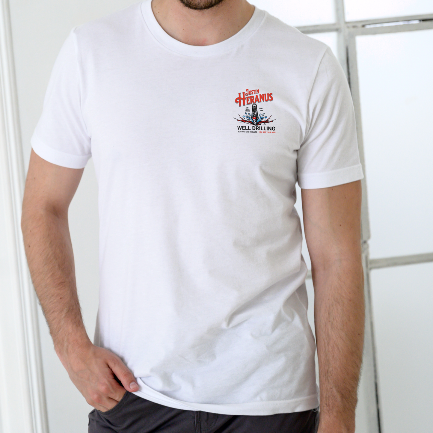 JUSTIN HERANUS WELL DRILLING Funny name T Shirt, Unisex Cotton