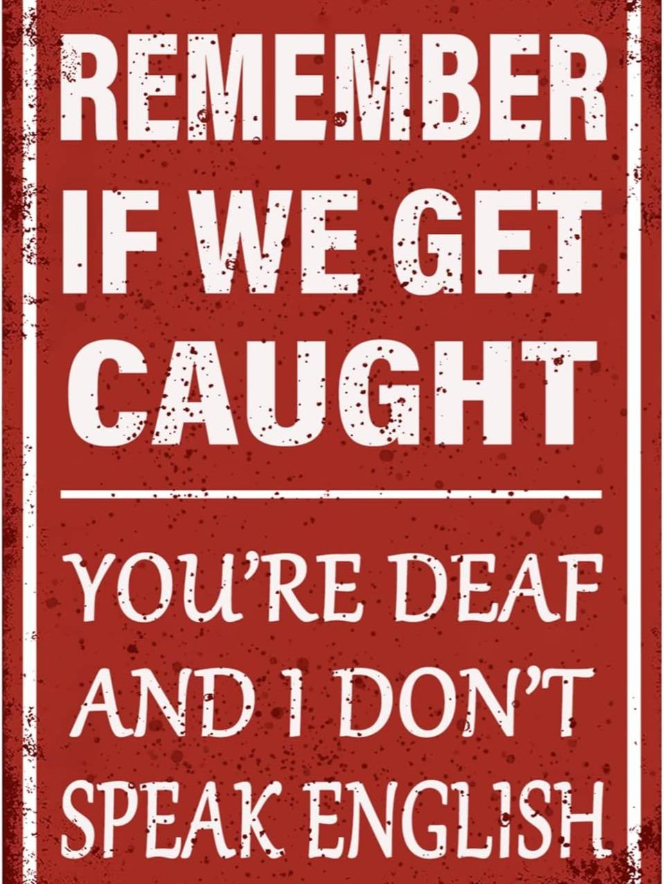Remember If We Get Caught You're Deaf and I Don't Speak English 8X12 Aluminum Sign