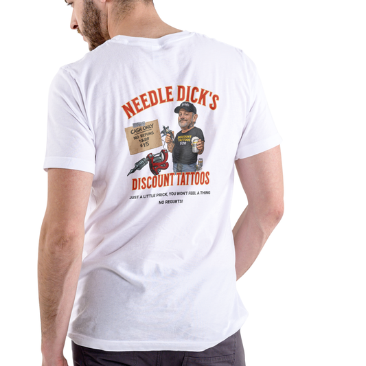 Needle Dick’s Discount Tattoos funny T-shirt.