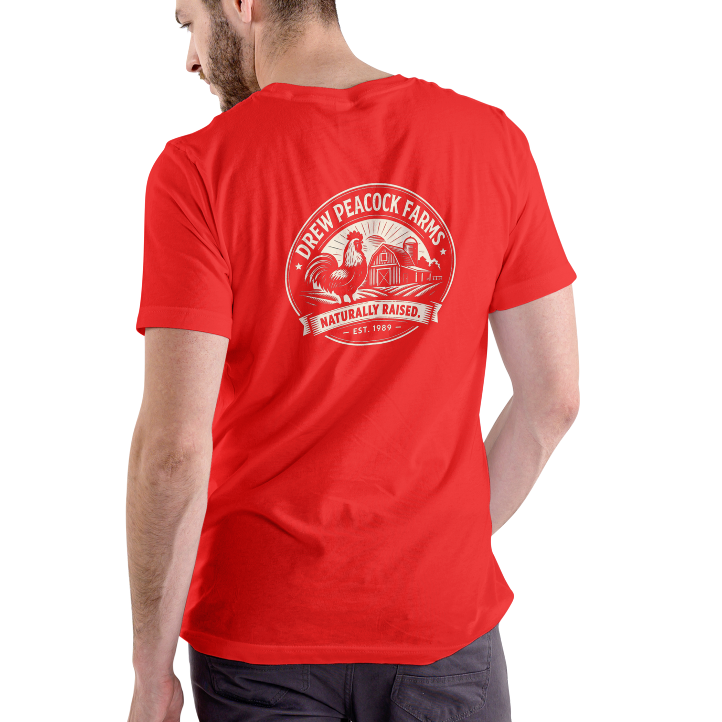 DREW PEACOCK FARMS NATURALLY RAISED Funny Name T-Shirt | Unisex Cotton