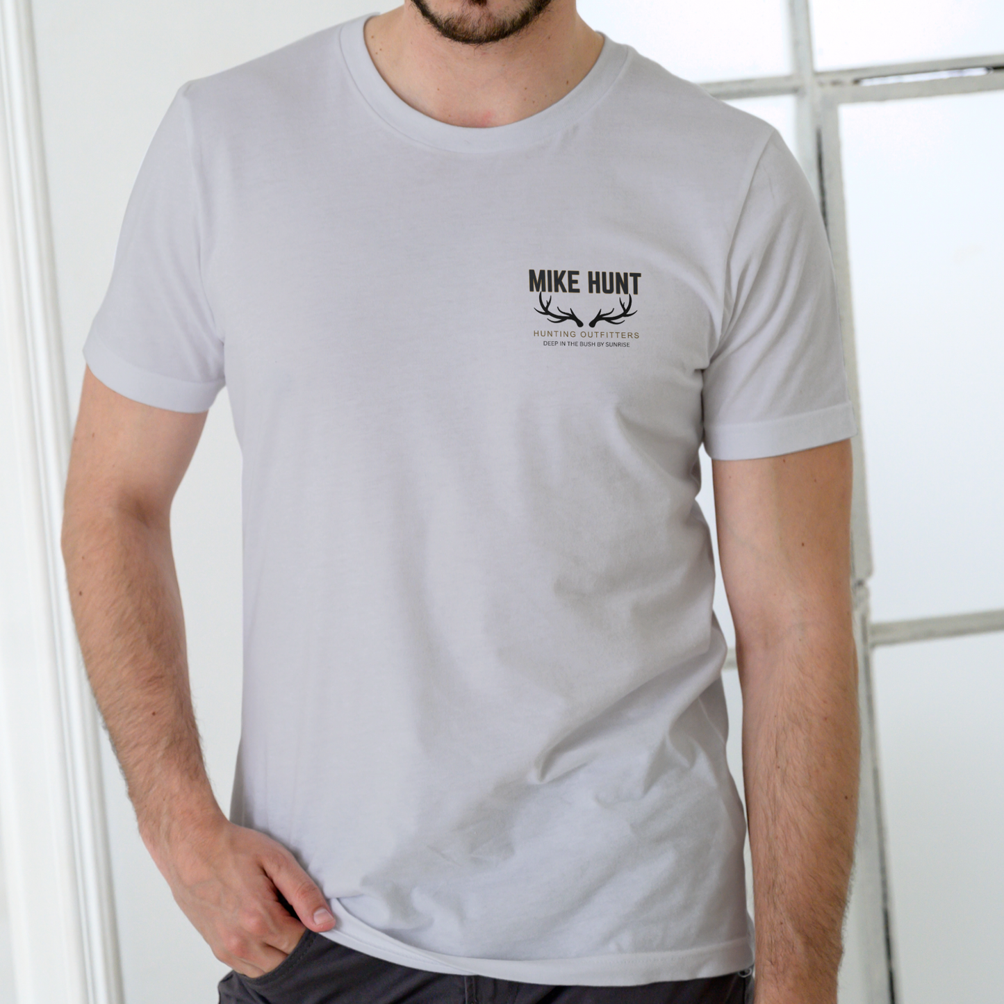 MIKE HUNT HUNTING OUTFITTERS Funny name shirt, Unisex Cotton