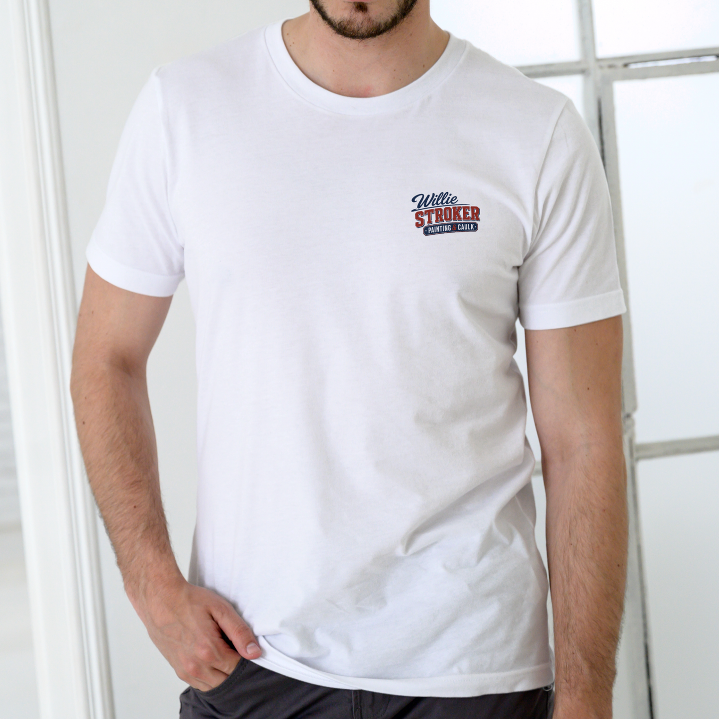 Willie Stroker Painting Caulk T-Shirt. Unisex Cotton