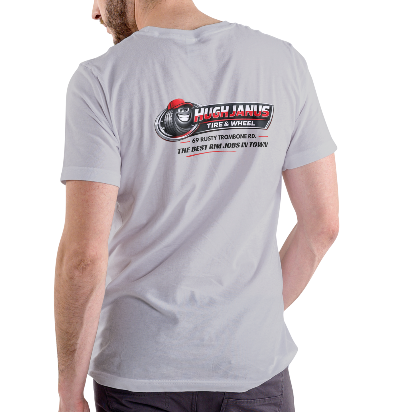 Hugh Janus Tire and Wheel – Funny Unisex Cotton T-Shirt