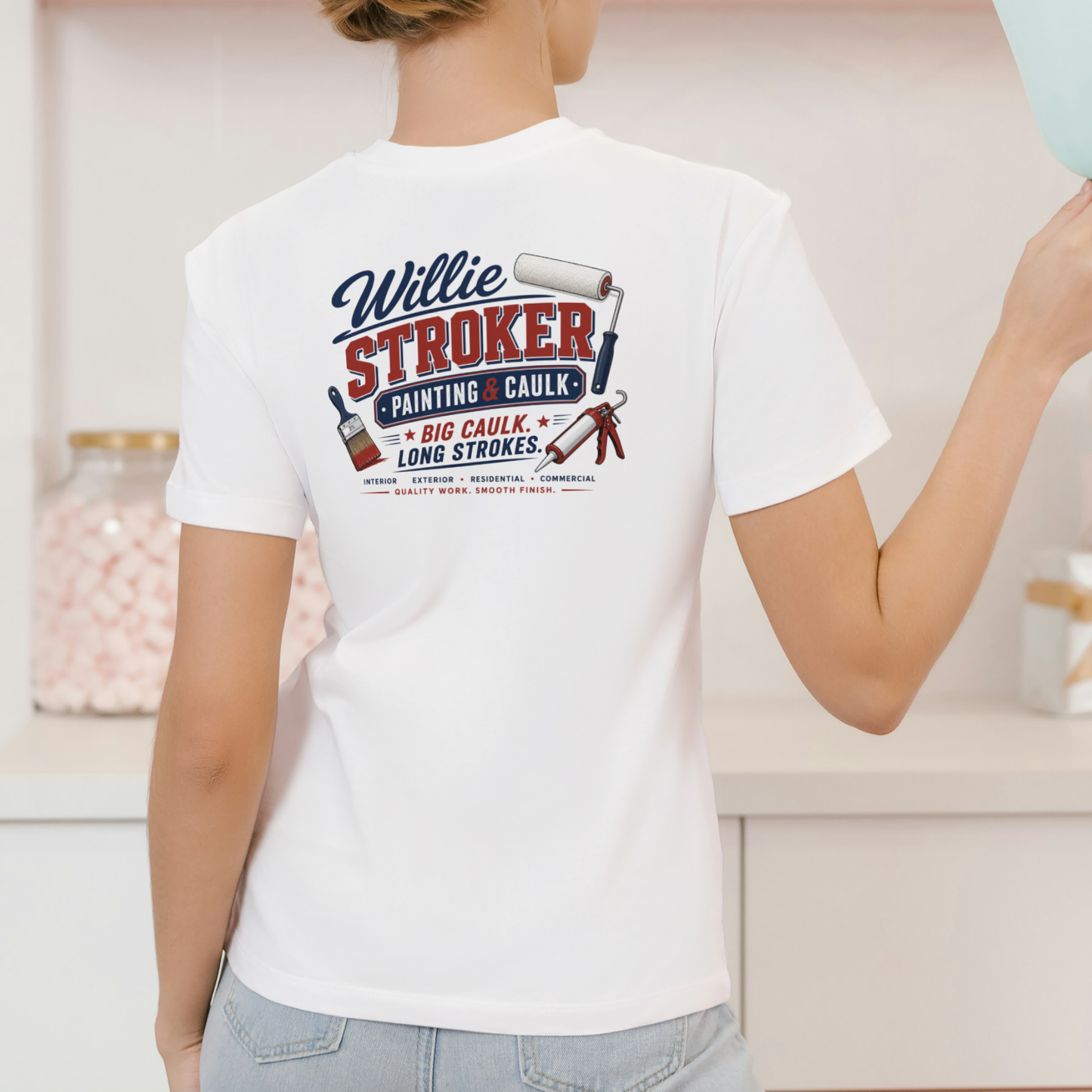 Willie Stroker Painting Caulk T-Shirt. Unisex Cotton