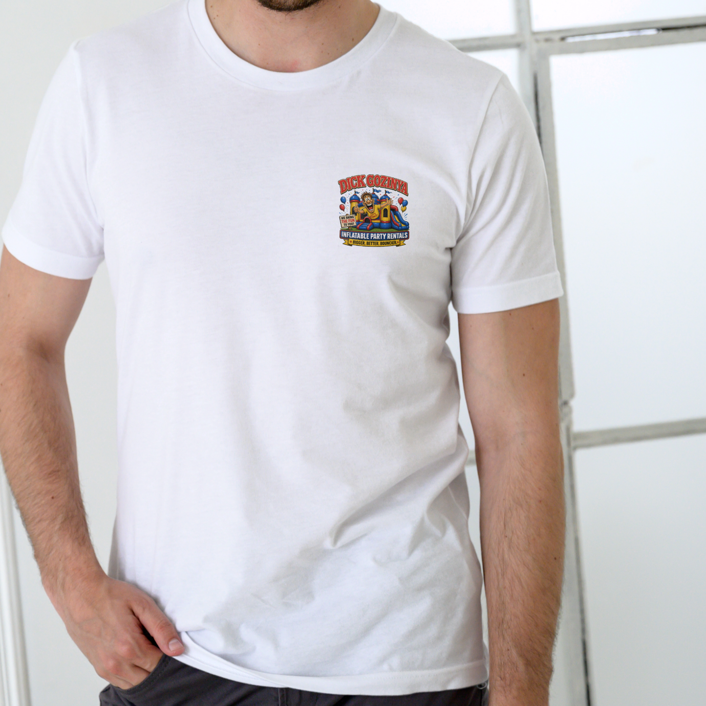 DICK GOZINYA INFLATABLE PARTY RENTALS – Funny Unisex Cotton T-Shirt